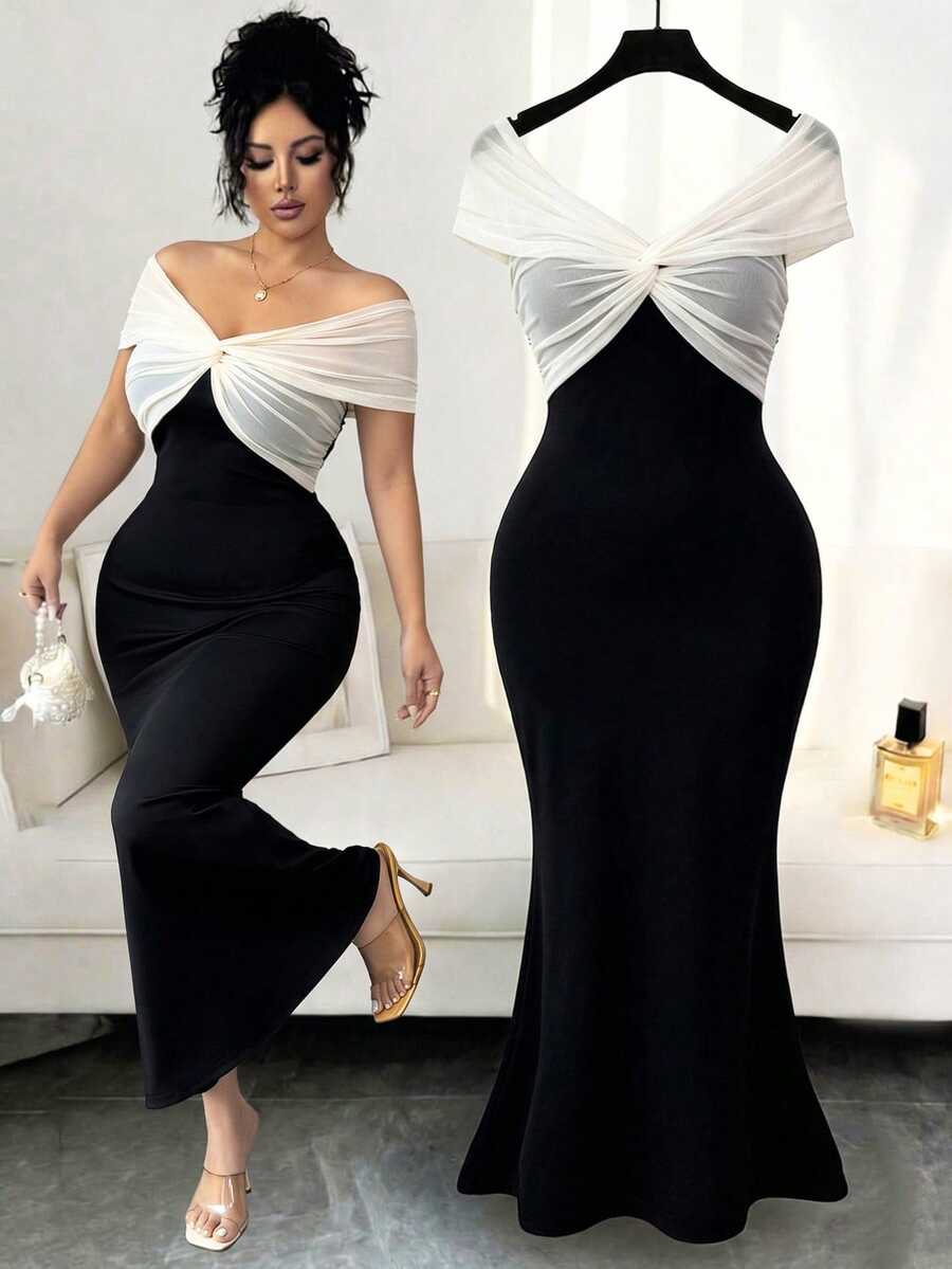 Elenzga Plus Size Elegant Commuter Colorblock Patchwork Off-Shoulder Twisted Knot Dress - Black and White - View 1