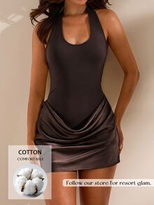 Opulessa Women's Colorblock Fashion Date Party Halter Mini Dress - Brown - View 1