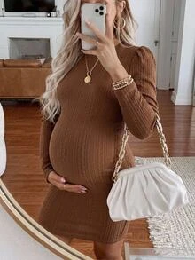 SHEIN Maternity Solid Color Casual Daily Summer Travel Dress - Brown - View 1