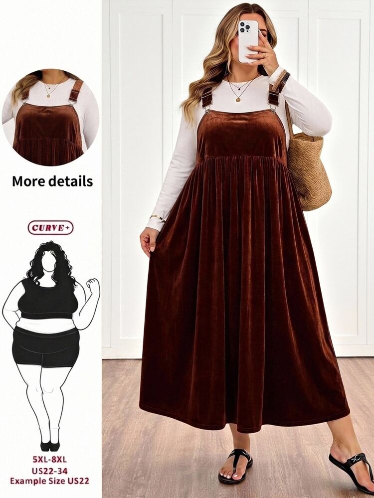 SHEIN CURVE+ Plus Size Casual Solid Color Dress For Autumn Christmas - Coffee Brown - View 1