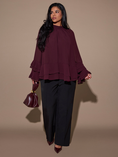 SHEIN BAE CURVE Plus Size Women's Ruffle Hem Blouse, Elegant Shirt, Vacation Top,Long Sleeve Blouse ,Elegant Top For Autumn Winter,Going Out,Halloween, Christmas