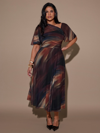 SHEIN BAE CURVE Büyük Beden Kadın Batik Desenli Asimetrik Yakalı Kısa Kollu Şık Elbise