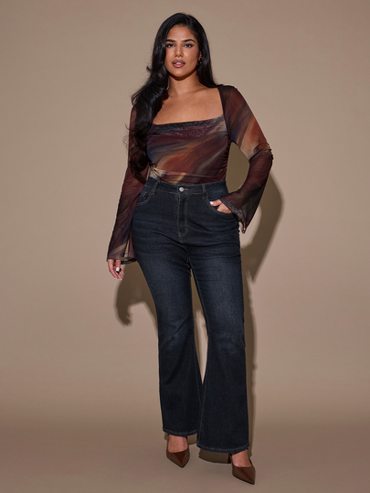 SHEIN BAE CURVE Plus Size Plus Size Women's Multicolor Mesh Bodysuit, Autumn/Winter,Christmas,Elegant Long Party Top,Fall/Autumn,Cocktail Attire,Birthday Party,Basics