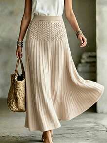 Wandoria Women's Autumn New Single Piece Elastic Waist Loose Hem Long Elegant Lady Versatile Daily Fashion Classic Rope Pattern Knitted Knitted Skirt - Apricot - View 5
