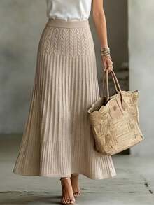 Wandoria Women's Autumn New Single Piece Elastic Waist Loose Hem Long Elegant Lady Versatile Daily Fashion Classic Rope Pattern Knitted Knitted Skirt - Apricot - View 6