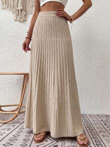 Wandoria Women's Autumn New Single Piece Elastic Waist Loose Hem Long Elegant Lady Versatile Daily Fashion Classic Rope Pattern Knitted Knitted Skirt - Apricot - View 3
