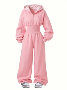 SHEIN 女童淺粉色Y2K可愛連帽拉鍊運動衫 字母毛巾刺繡貼布 高腰刷毛長褲 校園冬季款 - 粉色 - 查看 4