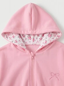 SHEIN 女童淺粉色Y2K可愛連帽拉鍊運動衫 字母毛巾刺繡貼布 高腰刷毛長褲 校園冬季款 - 粉色 - 查看 5