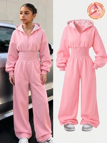 SHEIN 女童淺粉色Y2K可愛連帽拉鍊運動衫 字母毛巾刺繡貼布 高腰刷毛長褲 校園冬季款 - 粉色 - 查看 1
