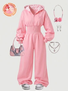 SHEIN 女童淺粉色Y2K可愛連帽拉鍊運動衫 字母毛巾刺繡貼布 高腰刷毛長褲 校園冬季款 - 粉色 - 查看 3