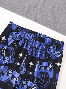 青少年男孩遊戲控制器印花長袖上衣與長褲2件套，親膚柔軟春/秋季男孩耳機遊戲圖案睡衣，休閒舒適修身居家服套裝 - 黑色 - 查看 3