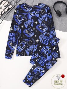 青少年男孩遊戲控制器印花長袖上衣與長褲2件套，親膚柔軟春/秋季男孩耳機遊戲圖案睡衣，休閒舒適修身居家服套裝 - 黑色 - 查看 2
