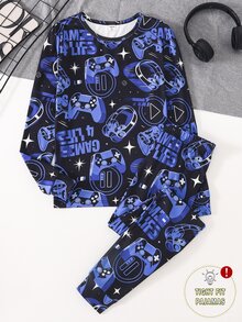 青少年男孩遊戲控制器印花長袖上衣與長褲2件套，親膚柔軟春/秋季男孩耳機遊戲圖案睡衣，休閒舒適修身居家服套裝 - 黑色 - 查看 1