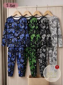 青少年男孩遊戲控制器印花長袖上衣與長褲2件套，親膚柔軟春/秋季男孩耳機遊戲圖案睡衣，休閒舒適修身居家服套裝 - 黑色 - 查看 7