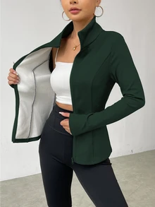 SHEIN LUNE 秋冬休闲纯色保暖内衬夹克 - 墨綠色 - 查看 7