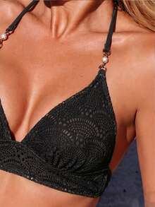 SHEIN Swim 女款鏤空掛脖綁帶時尚泳衣套裝 - 黑色 - 查看 4