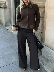 Aloruh Brown Black Colorblock Striped Patchwork Fitted Pocket Wool Blend Casual Jacket For Women, Fall Office Work - Brown - View 6