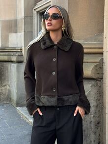 Aloruh Brown Black Colorblock Striped Patchwork Fitted Pocket Wool Blend Casual Jacket For Women, Fall Office Work - Brown - View 9