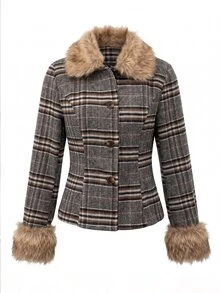 Yalmera Fall Clothes FOR WomenLady's Elegant Collar Fashion Winter Woolen Fabric - Brown - View 3