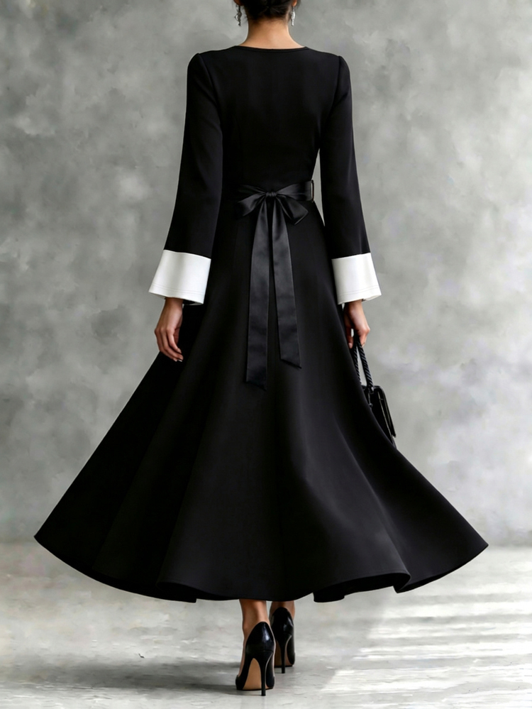 Celisse Fall Clothes FOR WomenWomen's Colorblock Casual Party Long Dress - Black and White - View 2