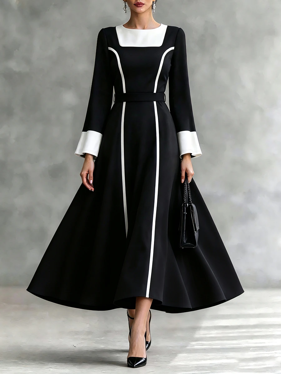 Celisse Fall Clothes FOR WomenWomen's Colorblock Casual Party Long Dress - Black and White - View 1