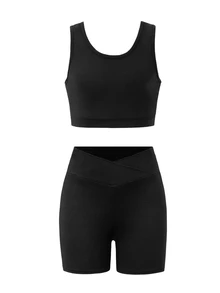 SHEIN Tween女孩黑色針織兩件套，背後愛心設計，運動上衣+運動短褲，舒適貼身四向彈性面料，Glowmode Kids系列，適合瑜伽、休閒與運動 - 黑色 - 查看 7