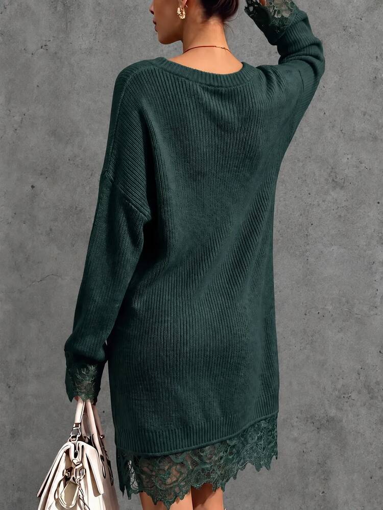 LUMIGAL Women's Solid Color V-Neck Drop Shoulder Long Sleeve Lace Hem Knit Dress - Army Green - View 2