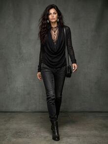 LUMIGAL Women's Black Knit Cowl Neck Top, Casual Commute Style For Spring & Autumn - Black - View 5