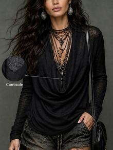 LUMIGAL Women's Black Knit Cowl Neck Top, Casual Commute Style For Spring & Autumn - Black - View 6