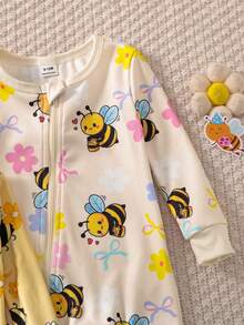 SHEIN 女嬰時尚甜美彩虹蝴蝶結圖案舒適兩件套長袖修身連身褲居家服 - 黃色 - 查看 9