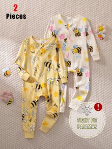 SHEIN 女嬰時尚甜美彩虹蝴蝶結圖案舒適兩件套長袖修身連身褲居家服 - 黃色 - 查看 3