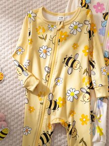 SHEIN 女嬰時尚甜美彩虹蝴蝶結圖案舒適兩件套長袖修身連身褲居家服 - 黃色 - 查看 8