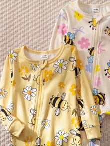 SHEIN 女嬰時尚甜美彩虹蝴蝶結圖案舒適兩件套長袖修身連身褲居家服 - 黃色 - 查看 6