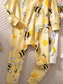 SHEIN 女嬰時尚甜美彩虹蝴蝶結圖案舒適兩件套長袖修身連身褲居家服 - 黃色 - 查看 5