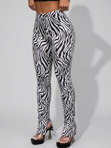 SHEIN SXY Zebra Striped Split Hem Stacked Leggings - Black and White - View 2