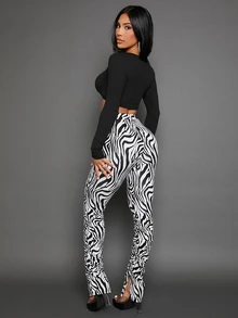SHEIN SXY Zebra Striped Split Hem Stacked Leggings - Black and White - View 3