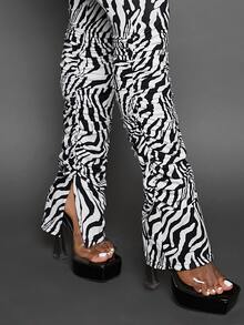 SHEIN SXY Zebra Striped Split Hem Stacked Leggings - Black and White - View 5