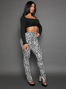 SHEIN SXY Zebra Striped Split Hem Stacked Leggings - Black and White - View 6
