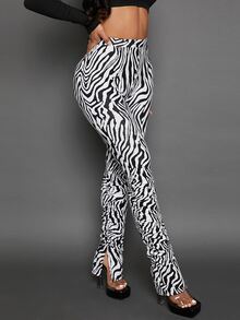 SHEIN SXY Zebra Striped Split Hem Stacked Leggings - Black and White - View 7