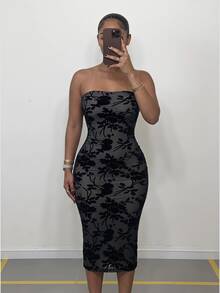 SHEIN SXY Prom Dress;Summer;Floral Print Tube Bodycon Dress - Black - View 1