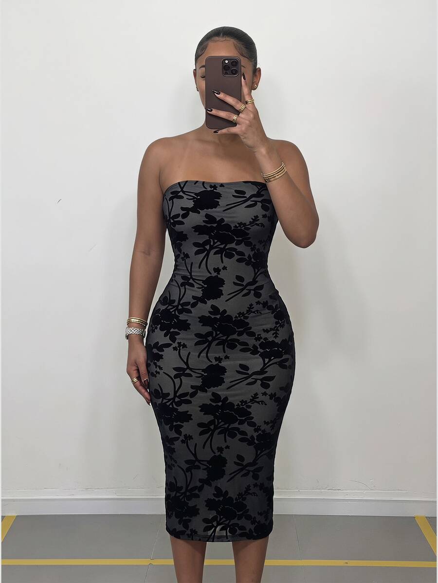 SHEIN SXY Prom Dress;Summer;Floral Print Tube Bodycon Dress - Black - View 1