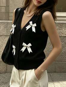 Cévolie Women's Bowknot Decor V-Neck Knit Vest Everyday School Black And White Checkered Fall Cute Preppy French Date - Black - View 3