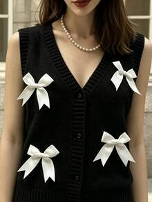 Cévolie Women's Bowknot Decor V-Neck Knit Vest Everyday School Black And White Checkered Fall Cute Preppy French Date - Black - View 7