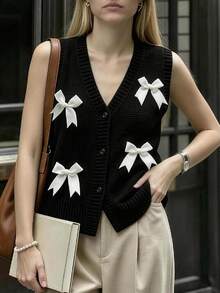 Cévolie Women's Bowknot Decor V-Neck Knit Vest Everyday School Black And White Checkered Fall Cute Preppy French Date - Black - View 5