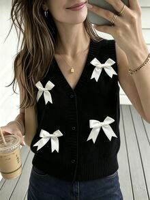 Cévolie Women's Bowknot Decor V-Neck Knit Vest Everyday School Black And White Checkered Fall Cute Preppy French Date - Black - View 6
