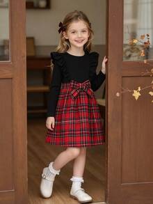 SHEIN Glamorique Kids Young Girls Baby Blue Ribbed Long Sleeve Floral Hem A-Line Dress With Bow,White,Autumn,Fairy,Family Matching,Cute Elegant Crew Neck Patchwork Style - Black - View 3