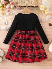 SHEIN Glamorique Kids Young Girls Baby Blue Ribbed Long Sleeve Floral Hem A-Line Dress With Bow,White,Autumn,Fairy,Family Matching,Cute Elegant Crew Neck Patchwork Style - Black - View 2