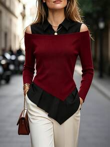Franclia French Minimalist Fashion 2 In 1 Cold Shoulder Puff Sleeve Classic Black & White Contrast Color Top For Women - Red and Black - View 7