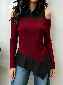 Franclia French Minimalist Fashion 2 In 1 Cold Shoulder Puff Sleeve Classic Black & White Contrast Color Top For Women - Red and Black - View 4