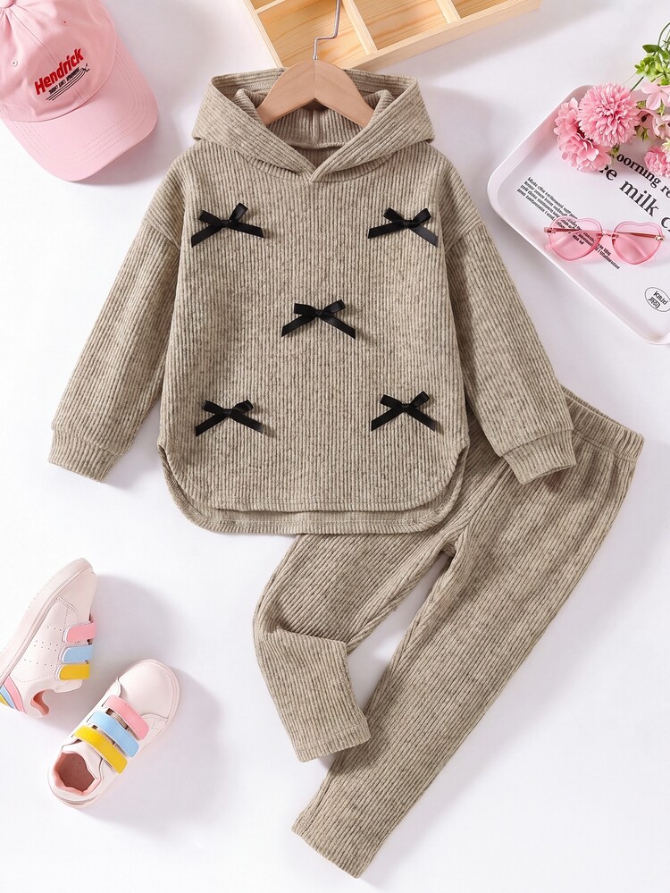 2Pcs Toddler Girl Hoodie Pants Set Cute Sweet Khaki Ribbed Knit Ribbon Bows Long Sleeve Hooded Regular Holiday Fall Sweaters Pants Cozy Jogging - Multicolor - View 2